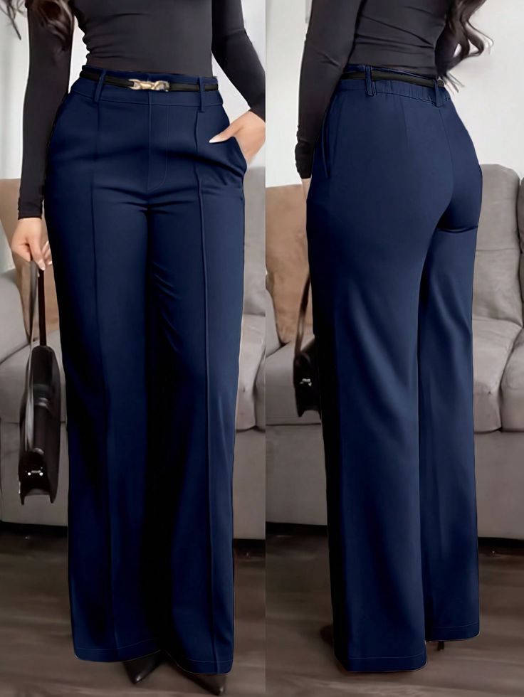 Jessefine Solid Color Waistless Button Zipper Wide-Leg Trousers - Navy Blue