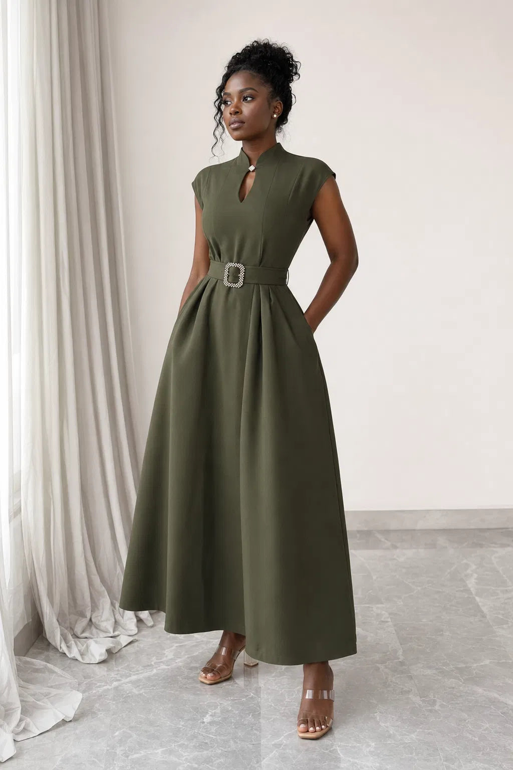 Olive Jewel-Belt Maxi Dress - Olive Green