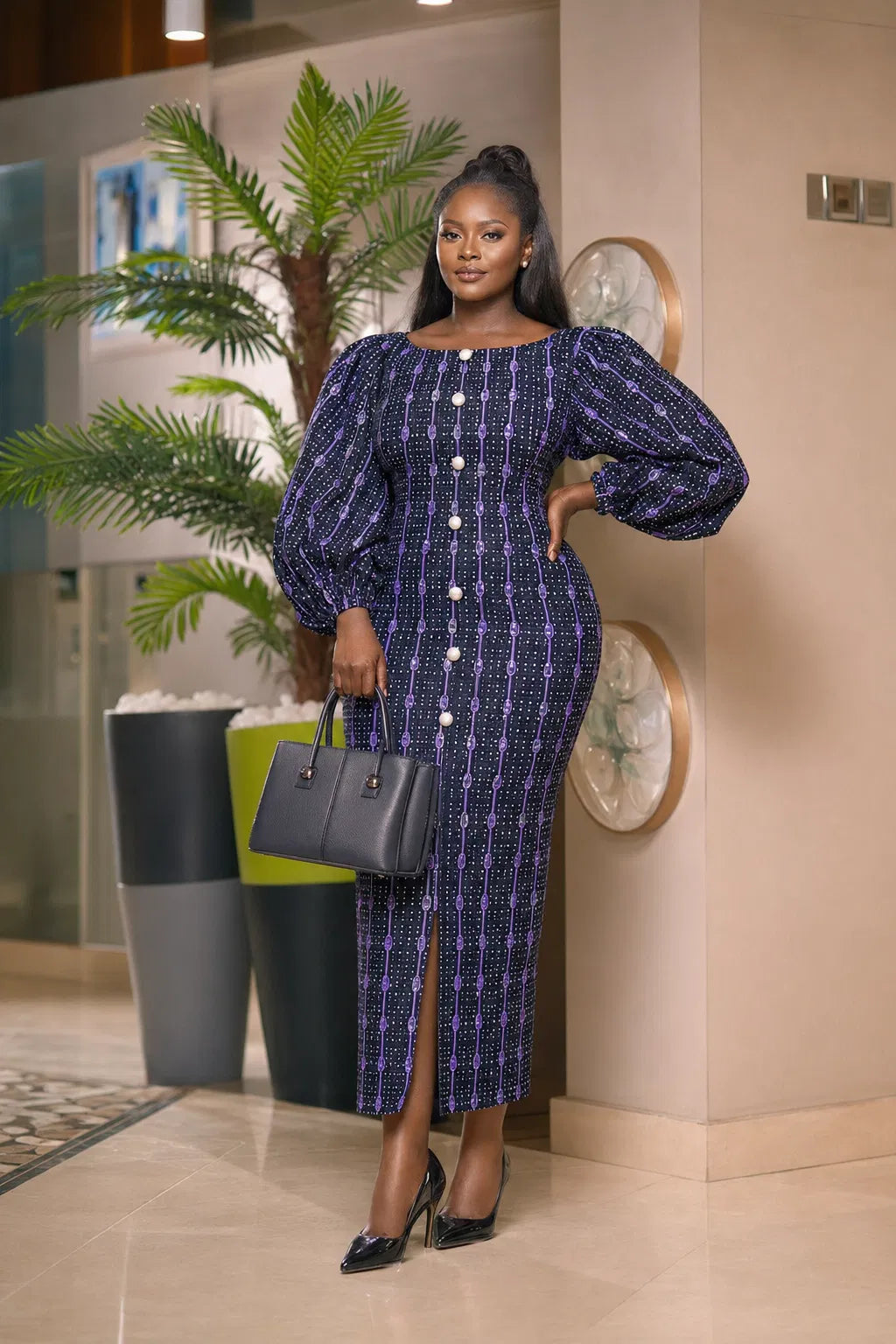Navy Abstract Puff-Sleeve Midi Dress - Navy Blue