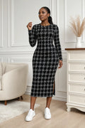 Black Tweed Grid Midi Bodycon Dress - Black