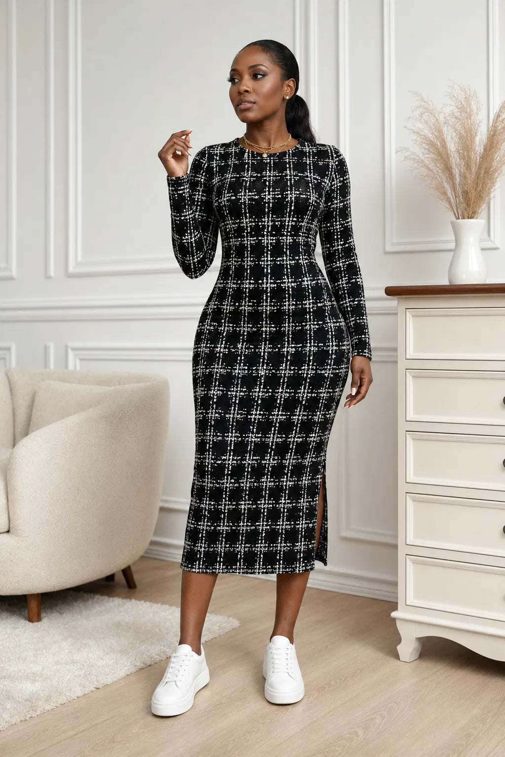 Black Tweed Grid Midi Bodycon Dress - Black