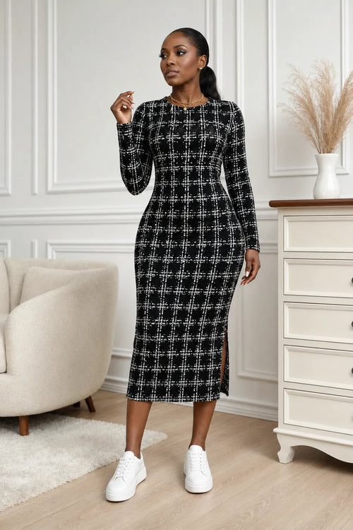 Black Tweed Grid Midi Bodycon Dress - Black