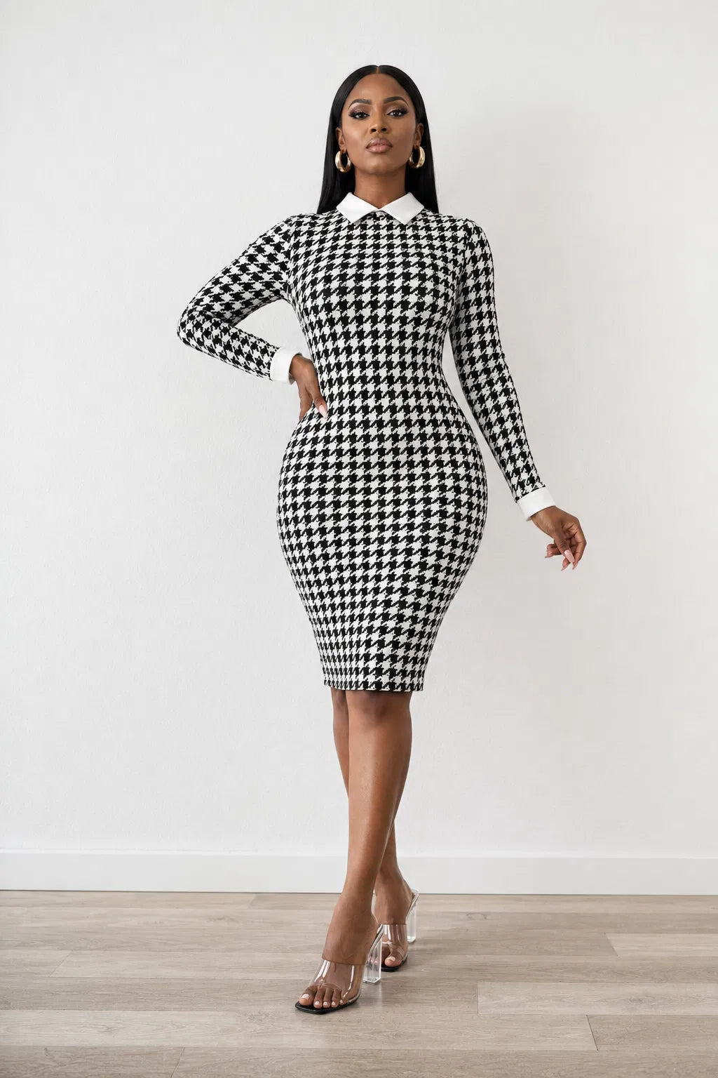 Houndstooth Collar Bodycon Dress - Black & White