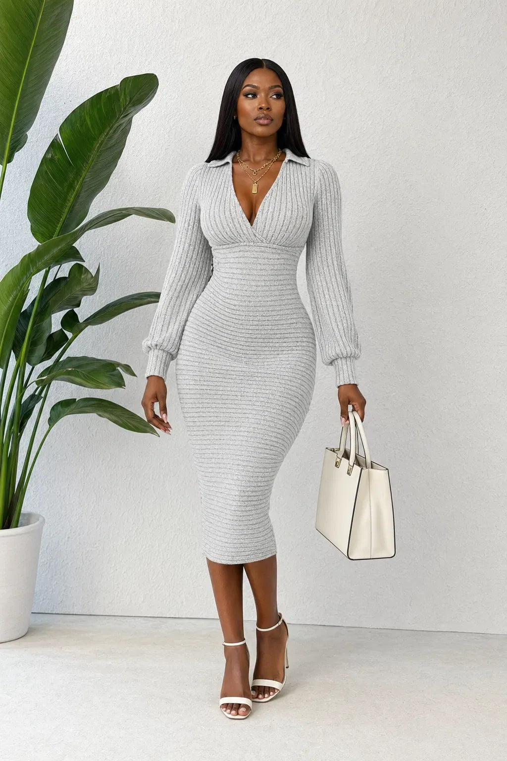 Grey Ribbed Knit V-Neck Midi Dress - Grey