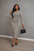Glen Plaid Belted Midi Dress - Grey & Tan