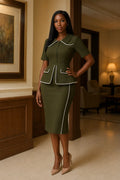 Olive Pearl-Trim Peplum Set - Olive Green