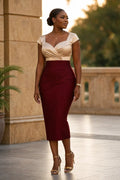 Champagne & Burgundy Colour-Block Midi Dress - Champagne & Burgundy