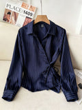 Collared Tie-Front Long Sleeve Cinched Waist Blouse - Navy Blue