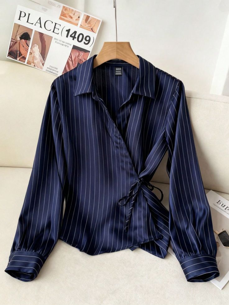 Collared Tie-Front Long Sleeve Cinched Waist Blouse - Navy Blue