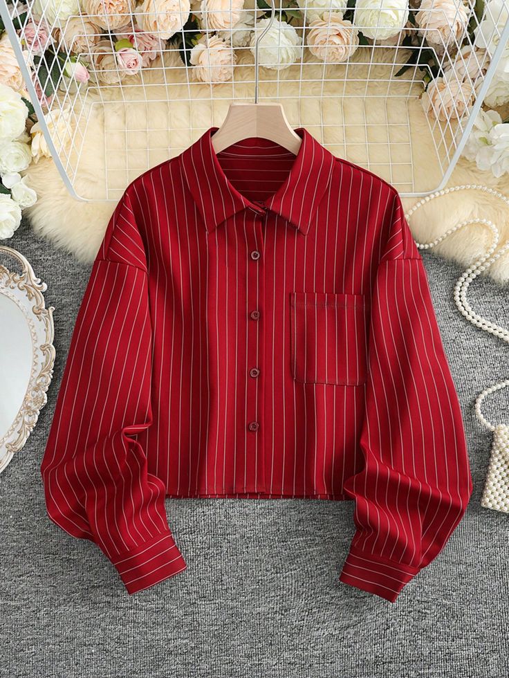 Red Pinstripe Long Sleeve Blouse - Red