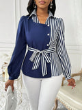 Women's Patchwork Striped Tie-Waist Blouse - Navy Blue and White