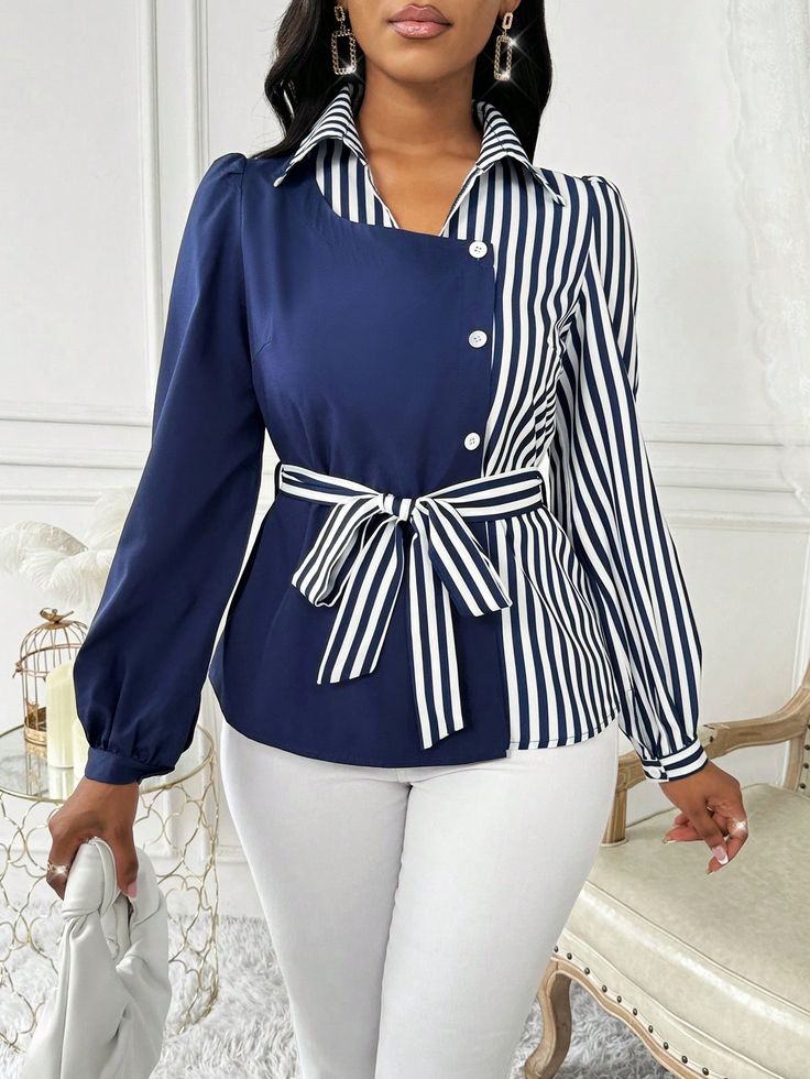Women's Patchwork Striped Tie-Waist Blouse - Navy Blue and White