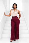Champagne & Burgundy Blouse & Trouser Set - Champagne