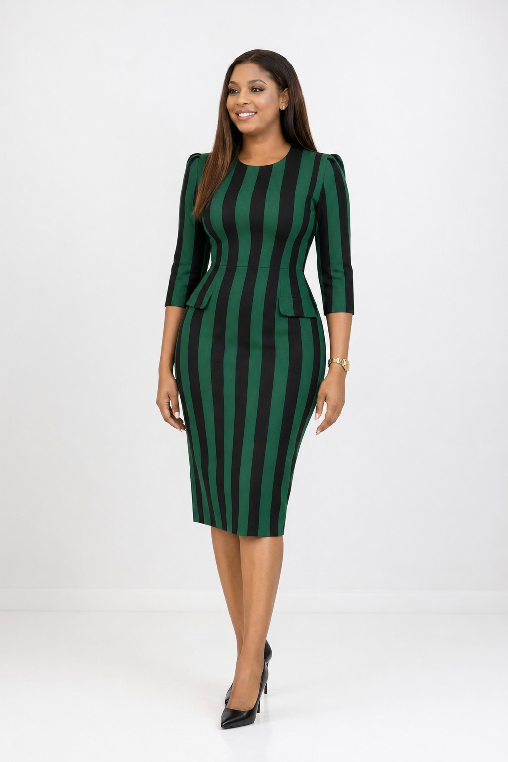 Green & Black Stripe Midi Dress - Green