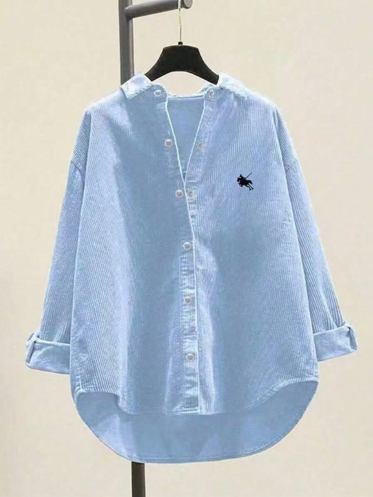 Women's Light Blue Corduroy Button-Up Shirt - Light Blue